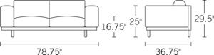 H 29.5 W 78.75 D 36.75 Arm H 25 Seat H 16.75 